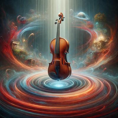 The primary subject of the image is a small, ornate violin. The setting is a colorful, swirling background that creates a vibrant and lively atmosphere. The visual style is a combination of digital art and illustration, giving the image a unique and artistic appearance. The dominant colors are red, orange, and blue, which contribute to the energetic and dynamic mood of the scene.